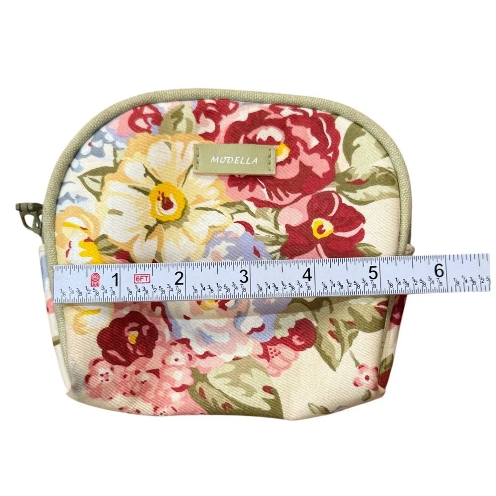 Modella Floral Makeup Bag Cream Red Green Canvas Zip Travel Cosmetic Pouch Small